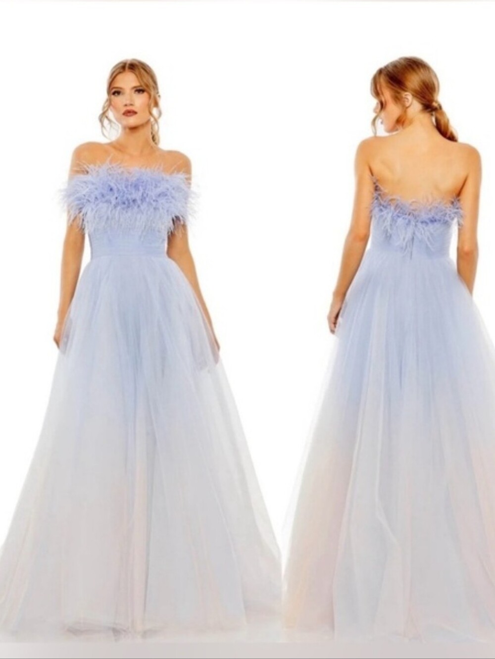 NWT! MAC DUGGAL Strapless Feather Tulle Ballgown in Blue Ombre
